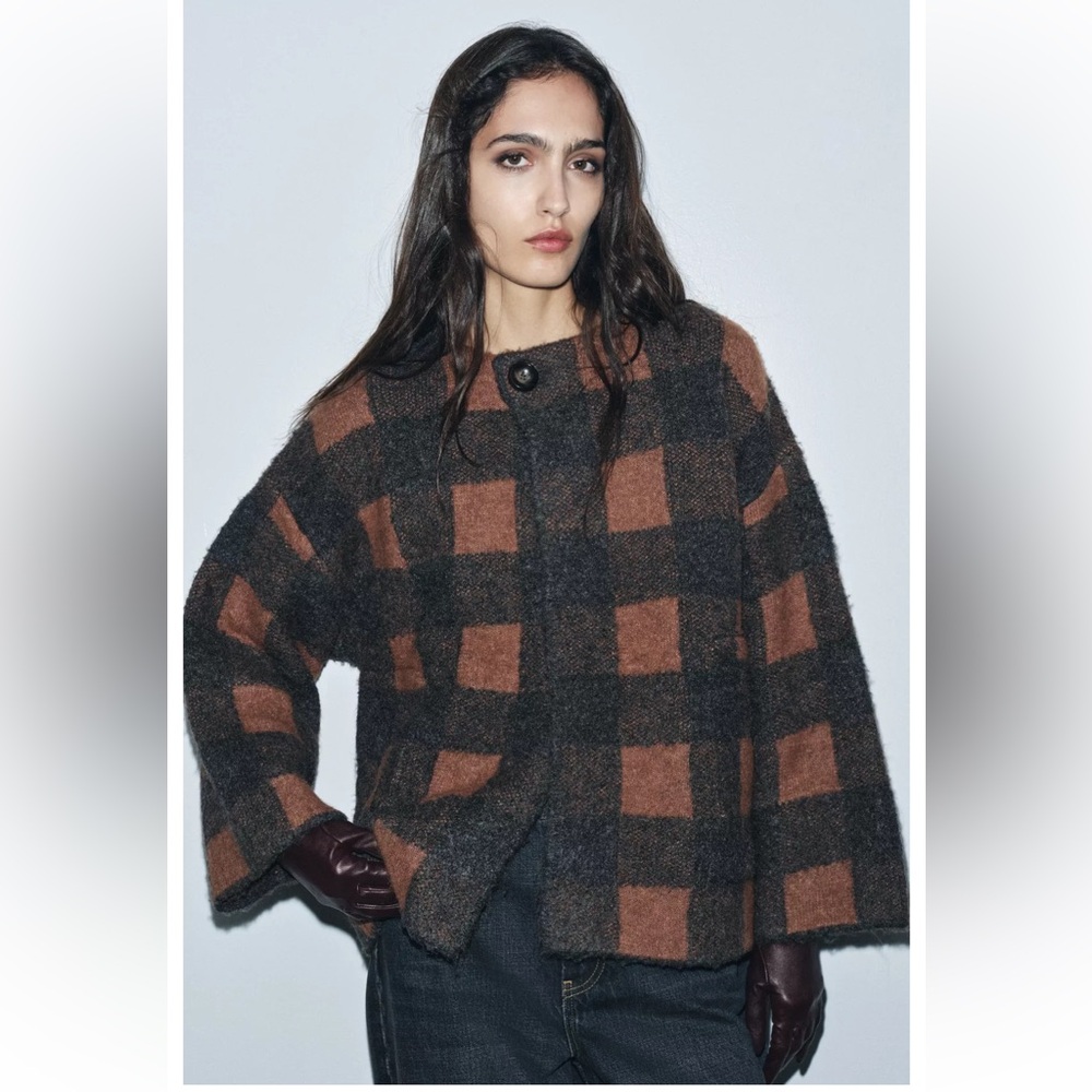 Zara Black and Brown Checkered CARDIGAN JACKET